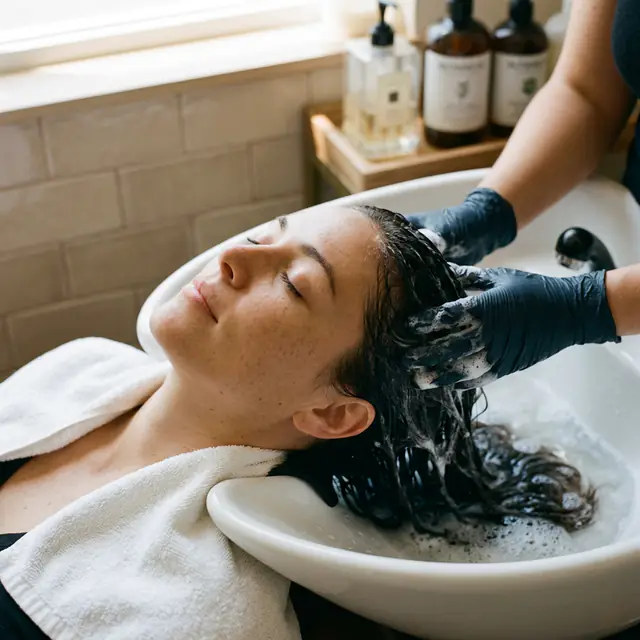 Gloved hands lather a relaxed client's dark hair in a white shampoo basin, pump bottles on the ledge behind.