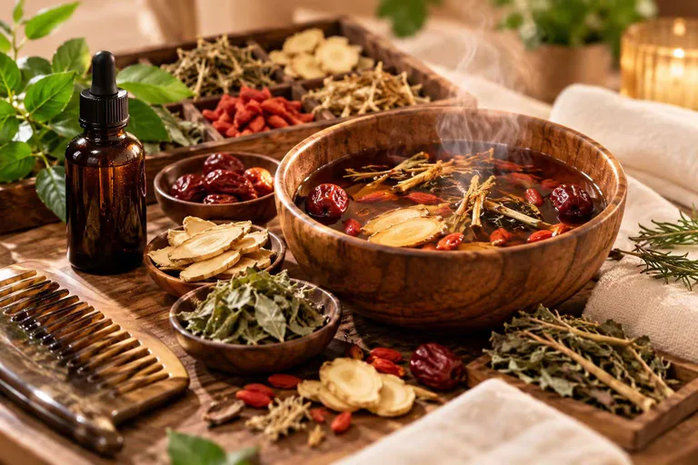 Dried botanicals, a steaming herbal bowl, an amber bottle and a wooden comb arranged on a tray.