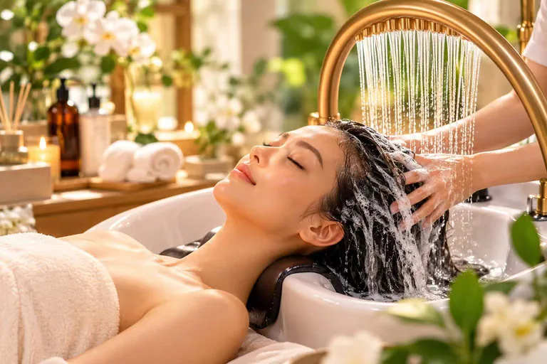 A reclining client receives a waterfall hair rinse at a white basin surrounded by greenery and warm light.