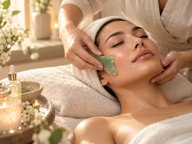 A green gua sha stone glides along a reclining client's cheek as her head rests on a cream towel.