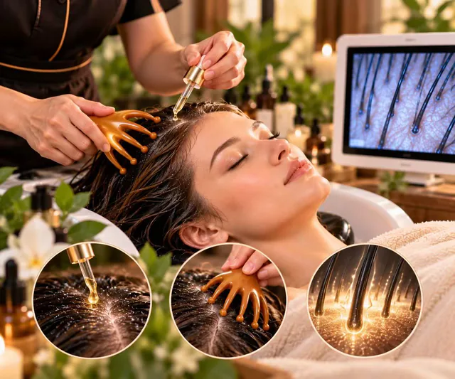 Scalp tools and a dropper apply serum at the roots, with close-ups of the scalp and hair.