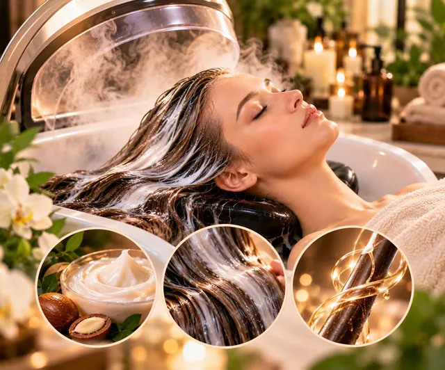 A reclining client rests beneath a steam dome, with insets of a hair mask and smooth hair.