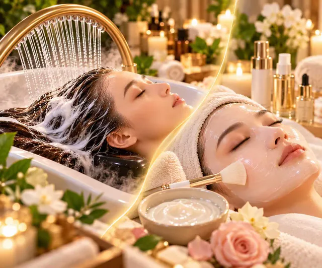 A collage combines a waterfall head wash, a facial mask, cream skincare bowls and pink flowers.