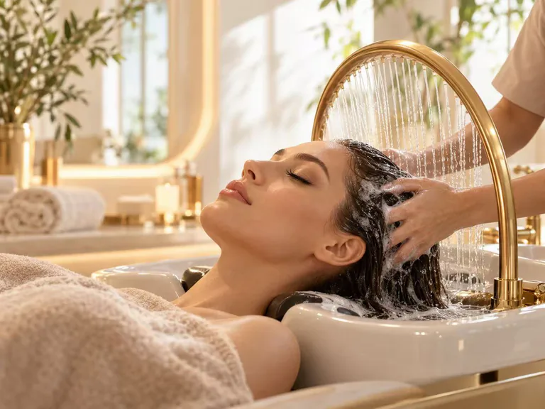 Hands rinse a reclining client's hair beneath a gold waterfall ring in a bright room with cream towels.