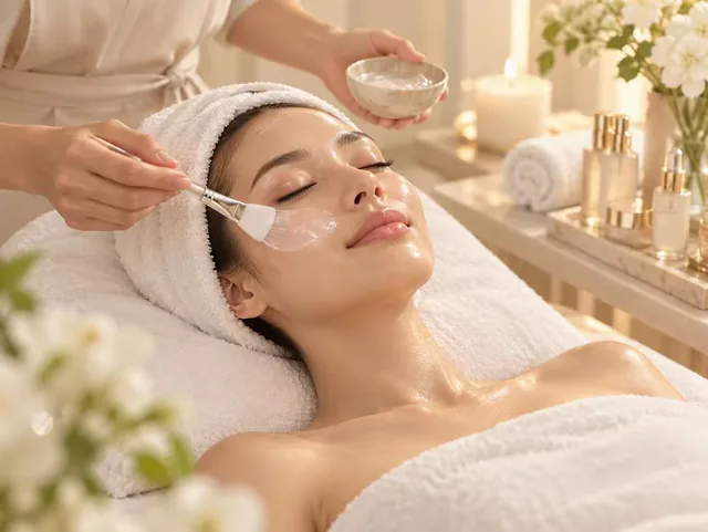 A fan brush spreads a white facial mask along a reclining client's cheek beside pale flowers and skincare bowls.