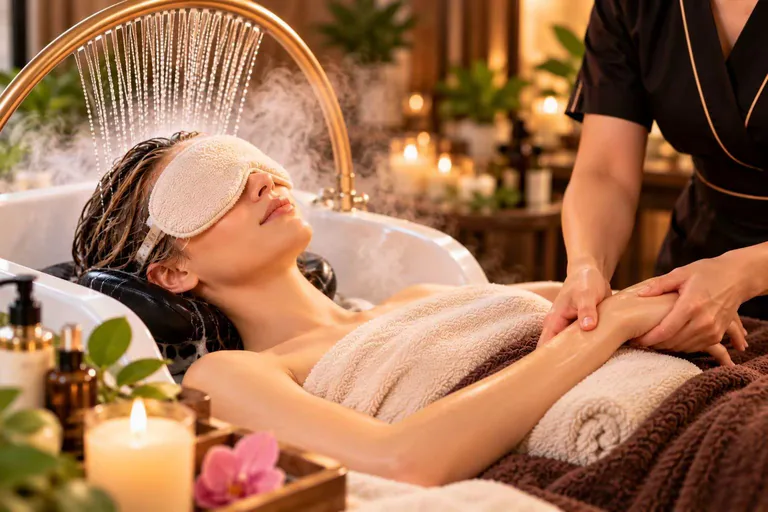 A client rests beneath an eye mask at a waterfall basin while hands gently support her forearm.