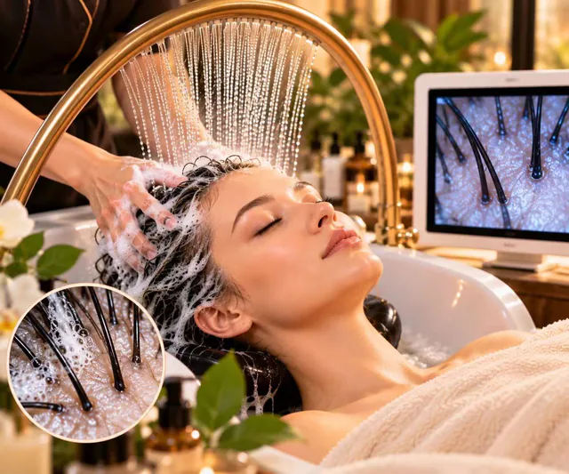 A waterfall hair cleanse beside a scalp-camera screen, with a circular close-up of hair roots.