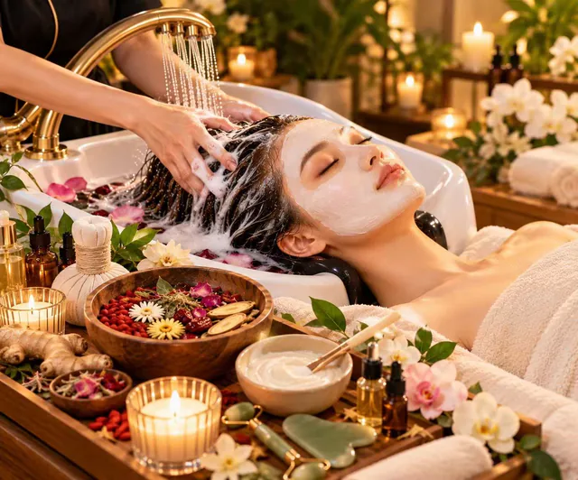 A waterfall hair wash framed by flowers, botanical bowls, cream masks and warm candles.