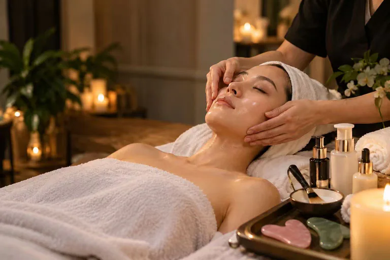 Hands rest along a reclining client's cheek and forehead, with skincare bowls and a pale pink stone nearby.