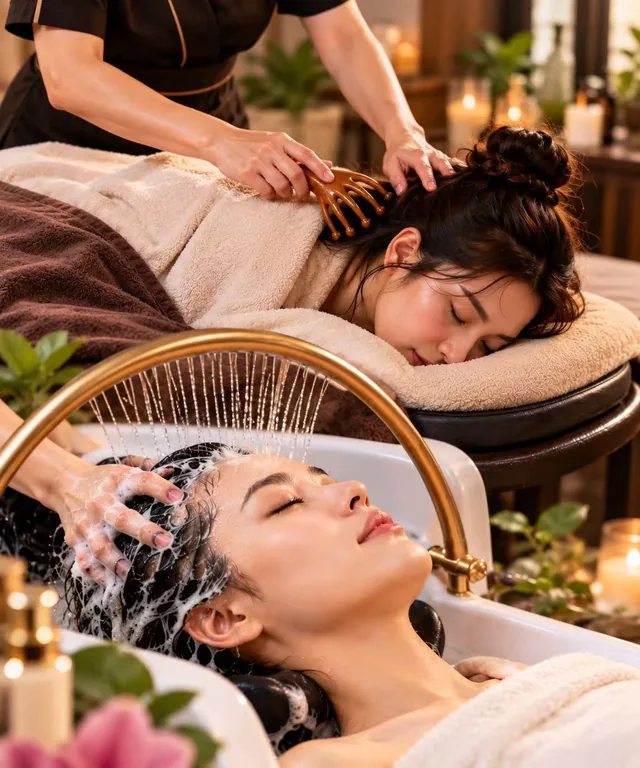 A client reclines at a basin while her hair is washed beneath a curved waterfall.