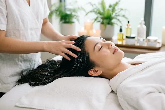 Hands massage the scalp of a smiling client lying on white towels, her long dark hair spread across the pillow.