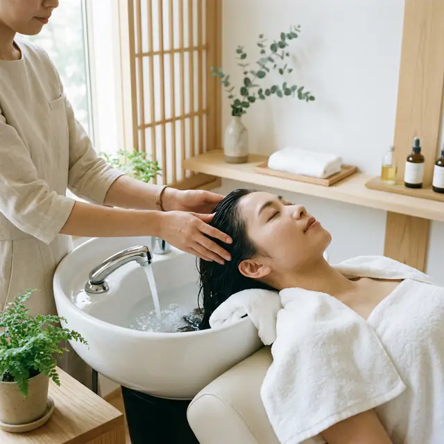 A client reclines at a white basin, tap running, as fingertips press along her hairline, eucalyptus on a shelf behind.