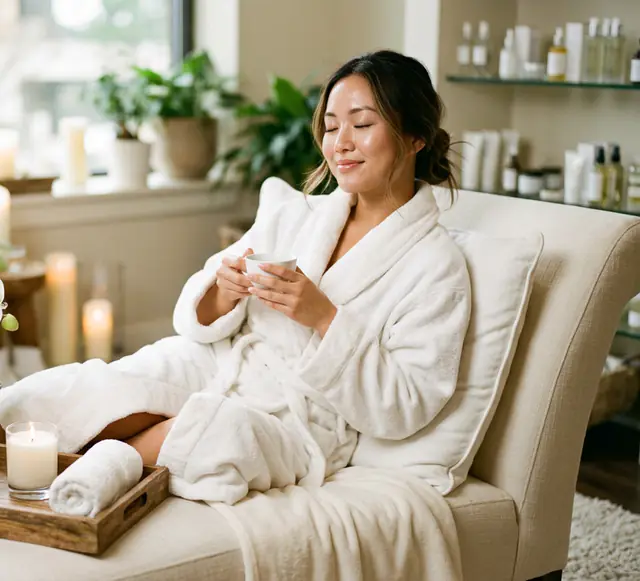 A smiling woman in a white robe relaxes with a cup of tea on a cream chaise, a candle nearby.